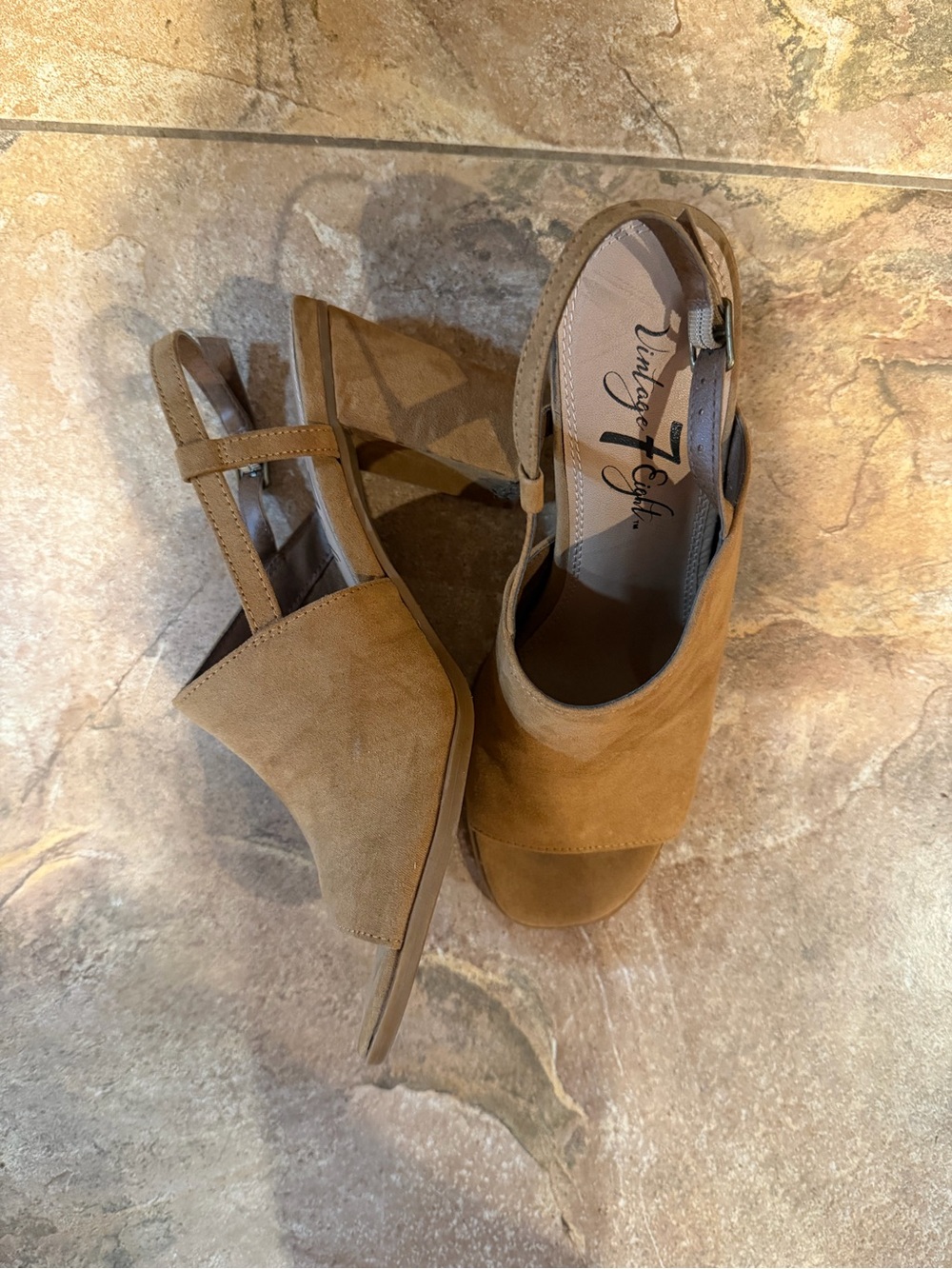 Vintage Style Tan Suede Peep-Toe Slingback Heels
